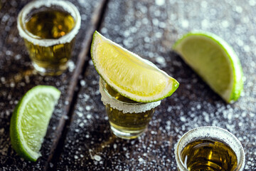 glass of tequila, a drink of Mexican culture, made of distilled alcohol, lemon, salt and blue...