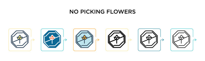 No picking flowers vector icon in 6 different modern styles. Black, two colored no picking flowers icons designed in filled, outline, line and stroke style. Vector illustration can be used for web,