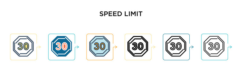 Speed limit vector icon in 6 different modern styles. Black, two colored speed limit icons designed in filled, outline, line and stroke style. Vector illustration can be used for web, mobile, ui