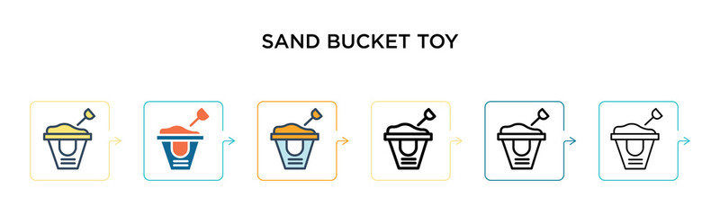 Sand bucket toy vector icon in 6 different modern styles. Black, two colored sand bucket toy icons designed in filled, outline, line and stroke style. Vector illustration can be used for web, mobile,