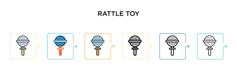 Rattle toy vector icon in 6 different modern styles. Black, two colored rattle toy icons designed in filled, outline, line and stroke style. Vector illustration can be used for web, mobile, ui