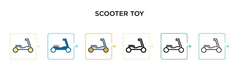 Scooter toy vector icon in 6 different modern styles. Black, two colored scooter toy icons designed in filled, outline, line and stroke style. Vector illustration can be used for web, mobile, ui