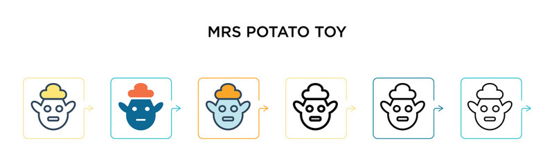 Mrs potato toy vector icon in 6 different modern styles. Black, two colored mrs potato toy icons designed in filled, outline, line and stroke style. Vector illustration can be used for web, mobile, ui