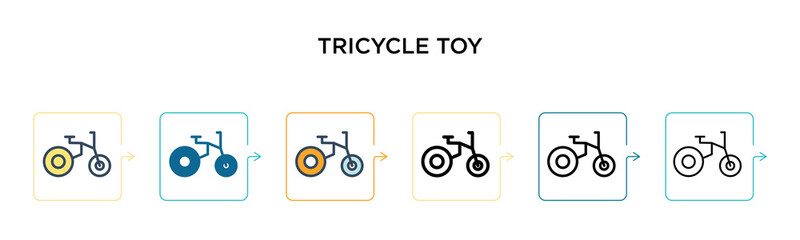 Tricycle toy vector icon in 6 different modern styles. Black, two colored tricycle toy icons designed in filled, outline, line and stroke style. Vector illustration can be used for web, mobile, ui