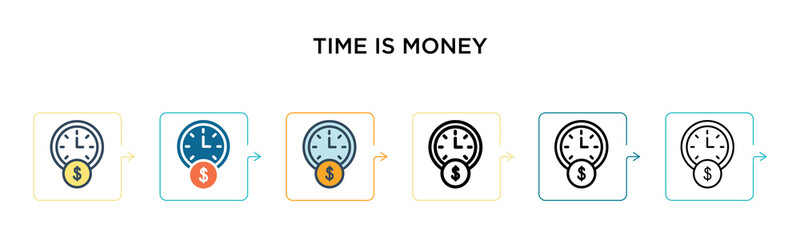 Time is money vector icon in 6 different modern styles. Black, two colored time is money icons designed in filled, outline, line and stroke style. Vector illustration can be used for web, mobile, ui