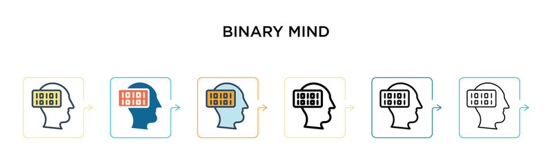 Binary mind vector icon in 6 different modern styles. Black, two colored binary mind icons designed in filled, outline, line and stroke style. Vector illustration can be used for web, mobile, ui