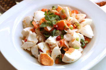 Closeup Salted egg salad and seasoning, chili powder, sugar, fish sauce, lemon