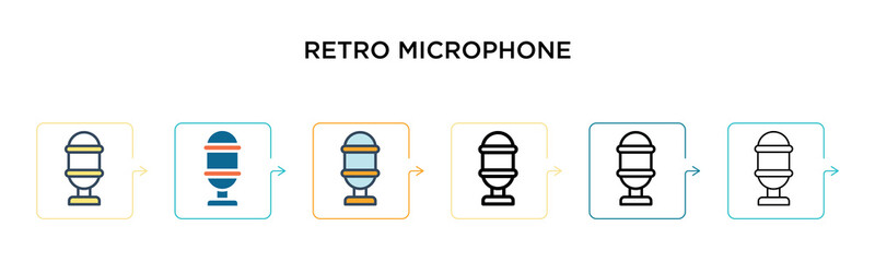 Retro microphone vector icon in 6 different modern styles. Black, two colored retro microphone icons designed in filled, outline, line and stroke style. Vector illustration can be used for web,