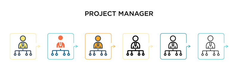 Project manager vector icon in 6 different modern styles. Black, two colored project manager icons designed in filled, outline, line and stroke style. Vector illustration can be used for web, mobile,