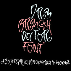 Hand drawn font made by dry brush strokes. Grunge style alphabet. Handwritten font. Vector illustration