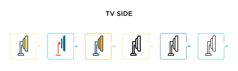 Tv side vector icon in 6 different modern styles. Black, two colored tv side icons designed in filled, outline, line and stroke style. Vector illustration can be used for web, mobile, ui