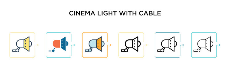 Cinema light with cable vector icon in 6 different modern styles. Black, two colored cinema light with cable icons designed in filled, outline, line and stroke style. Vector illustration can be used