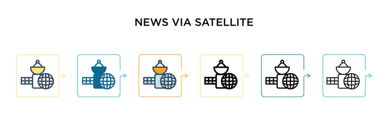 News via satellite vector icon in 6 different modern styles. Black, two colored news via satellite icons designed in filled, outline, line and stroke style. Vector illustration can be used for web,