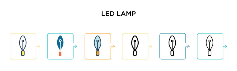 Led lamp vector icon in 6 different modern styles. Black, two colored led lamp icons designed in filled, outline, line and stroke style. Vector illustration can be used for web, mobile, ui