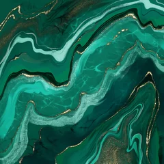 Poster Seamless texture malachite. Abstract green background with gold © Gribanessa