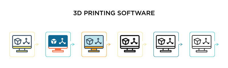 3d printing software vector icon in 6 different modern styles. Black, two colored 3d printing software icons designed in filled, outline, line and stroke style. Vector illustration can be used for