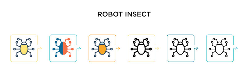 Robot insect vector icon in 6 different modern styles. Black, two colored robot insect icons designed in filled, outline, line and stroke style. Vector illustration can be used for web, mobile, ui