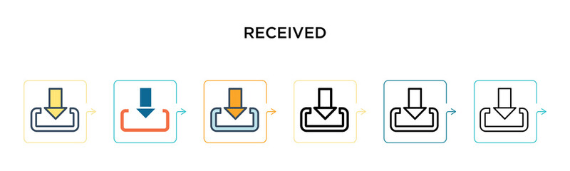 Received vector icon in 6 different modern styles. Black, two colored received icons designed in filled, outline, line and stroke style. Vector illustration can be used for web, mobile, ui