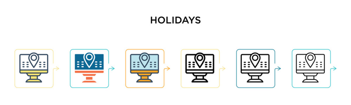 Holidays vector icon in 6 different modern styles. Black, two colored holidays icons designed in filled, outline, line and stroke style. Vector illustration can be used for web, mobile, ui