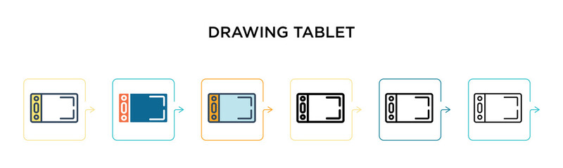 Drawing tablet vector icon in 6 different modern styles. Black, two colored drawing tablet icons designed in filled, outline, line and stroke style. Vector illustration can be used for web, mobile, ui