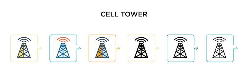 Cell tower vector icon in 6 different modern styles. Black, two colored cell tower icons designed in filled, outline, line and stroke style. Vector illustration can be used for web, mobile, ui