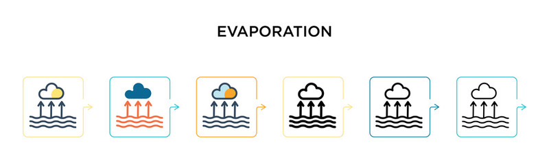 Evaporation vector icon in 6 different modern styles. Black, two colored evaporation icons designed in filled, outline, line and stroke style. Vector illustration can be used for web, mobile, ui