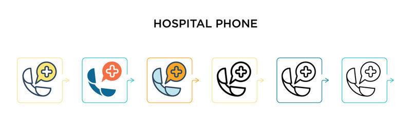 Hospital phone vector icon in 6 different modern styles. Black, two colored hospital phone icons designed in filled, outline, line and stroke style. Vector illustration can be used for web, mobile, ui