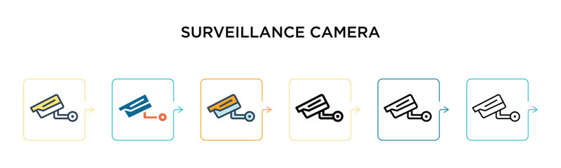 Surveillance camera vector icon in 6 different modern styles. Black, two colored surveillance camera icons designed in filled, outline, line and stroke style. Vector illustration can be used for web,