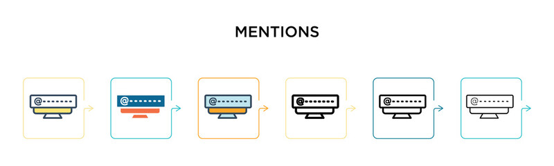 Mentions vector icon in 6 different modern styles. Black, two colored mentions icons designed in filled, outline, line and stroke style. Vector illustration can be used for web, mobile, ui