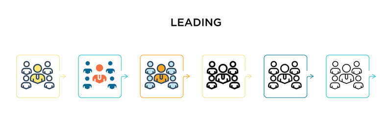 Leading vector icon in 6 different modern styles. Black, two colored leading icons designed in filled, outline, line and stroke style. Vector illustration can be used for web, mobile, ui