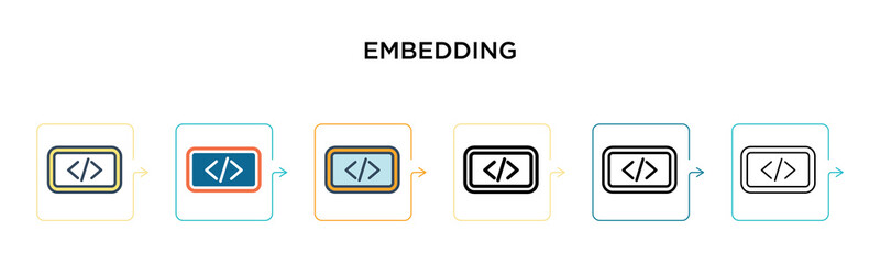 Embedding vector icon in 6 different modern styles. Black, two colored embedding icons designed in filled, outline, line and stroke style. Vector illustration can be used for web, mobile, ui