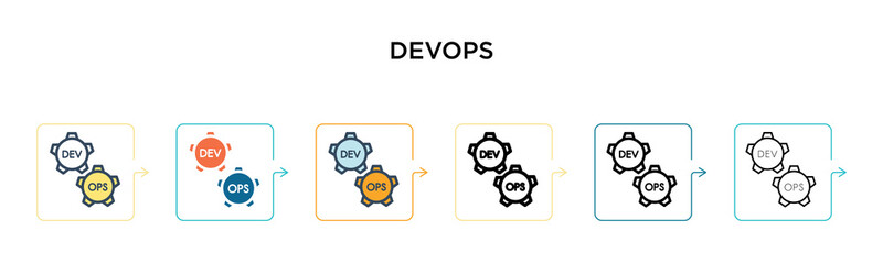 Devops vector icon in 6 different modern styles. Black, two colored devops icons designed in filled, outline, line and stroke style. Vector illustration can be used for web, mobile, ui