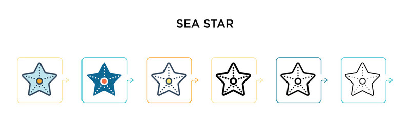 Sea star vector icon in 6 different modern styles. Black, two colored sea star icons designed in filled, outline, line and stroke style. Vector illustration can be used for web, mobile, ui