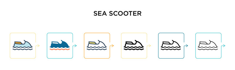 Sea scooter vector icon in 6 different modern styles. Black, two colored sea scooter icons designed in filled, outline, line and stroke style. Vector illustration can be used for web, mobile, ui