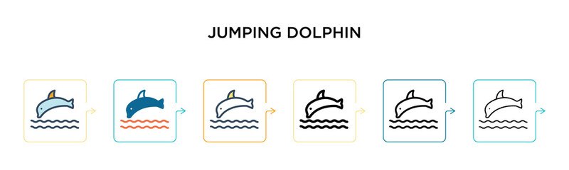 Jumping dolphin vector icon in 6 different modern styles. Black, two colored jumping dolphin icons designed in filled, outline, line and stroke style. Vector illustration can be used for web, mobile,