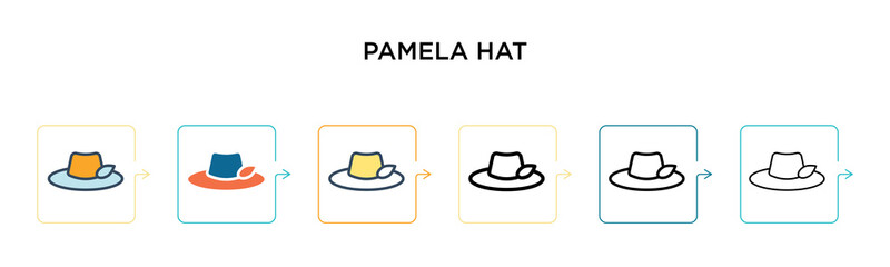 Pamela hat vector icon in 6 different modern styles. Black, two colored pamela hat icons designed in filled, outline, line and stroke style. Vector illustration can be used for web, mobile, ui
