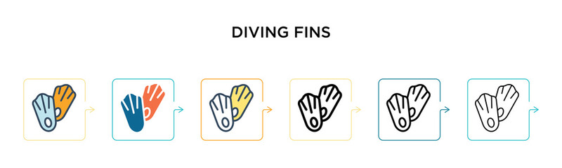 Diving fins vector icon in 6 different modern styles. Black, two colored diving fins icons designed in filled, outline, line and stroke style. Vector illustration can be used for web, mobile, ui