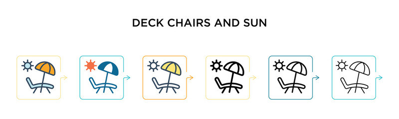 Deck chairs and sun vector icon in 6 different modern styles. Black, two colored deck chairs and sun icons designed in filled, outline, line and stroke style. Vector illustration can be used for web,