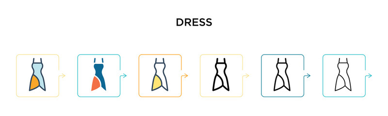 Dress vector icon in 6 different modern styles. Black, two colored dress icons designed in filled, outline, line and stroke style. Vector illustration can be used for web, mobile, ui
