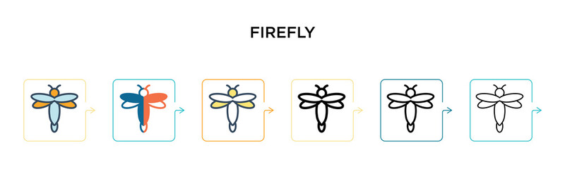 Firefly vector icon in 6 different modern styles. Black, two colored firefly icons designed in filled, outline, line and stroke style. Vector illustration can be used for web, mobile, ui