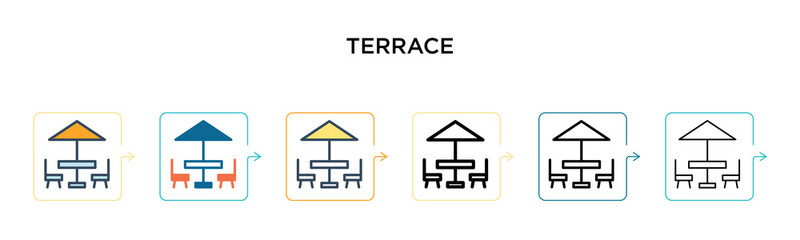 Terrace vector icon in 6 different modern styles. Black, two colored terrace icons designed in filled, outline, line and stroke style. Vector illustration can be used for web, mobile, ui