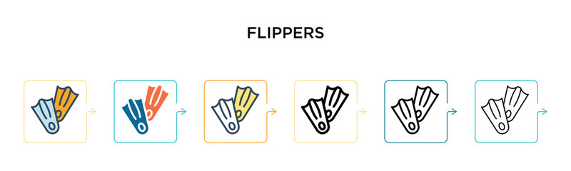 Flippers vector icon in 6 different modern styles. Black, two colored flippers icons designed in filled, outline, line and stroke style. Vector illustration can be used for web, mobile, ui © Premium Art