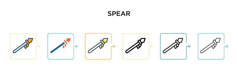 Spear vector icon in 6 different modern styles. Black, two colored spear icons designed in filled, outline, line and stroke style. Vector illustration can be used for web, mobile, ui