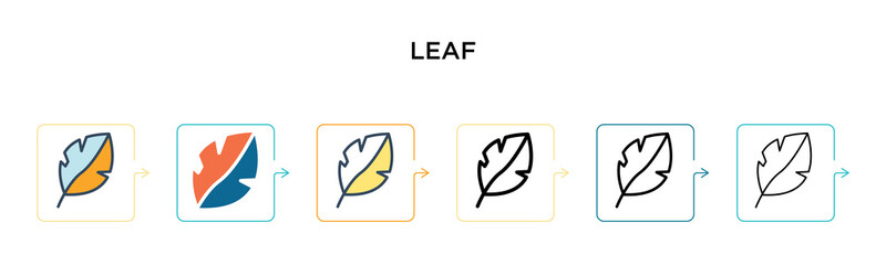 Leaf vector icon in 6 different modern styles. Black, two colored leaf icons designed in filled, outline, line and stroke style. Vector illustration can be used for web, mobile, ui