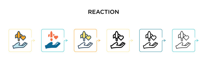 Reaction vector icon in 6 different modern styles. Black, two colored reaction icons designed in filled, outline, line and stroke style. Vector illustration can be used for web, mobile, ui