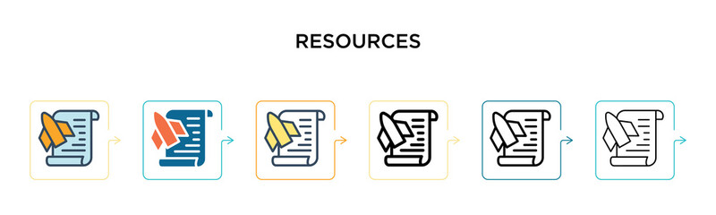 Resources vector icon in 6 different modern styles. Black, two colored resources icons designed in filled, outline, line and stroke style. Vector illustration can be used for web, mobile, ui