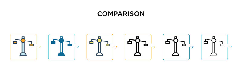 Comparison vector icon in 6 different modern styles. Black, two colored comparison icons designed in filled, outline, line and stroke style. Vector illustration can be used for web, mobile, ui
