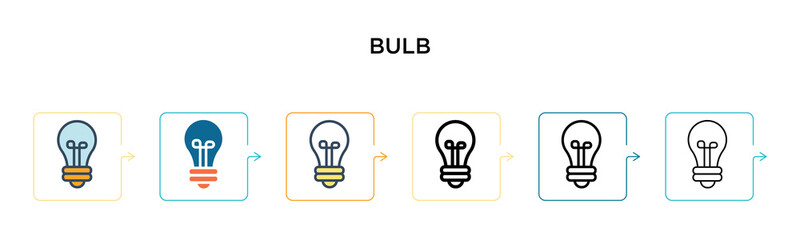 Bulb vector icon in 6 different modern styles. Black, two colored bulb icons designed in filled, outline, line and stroke style. Vector illustration can be used for web, mobile, ui