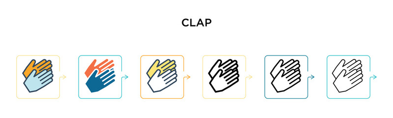 Clap vector icon in 6 different modern styles. Black, two colored clap icons designed in filled, outline, line and stroke style. Vector illustration can be used for web, mobile, ui