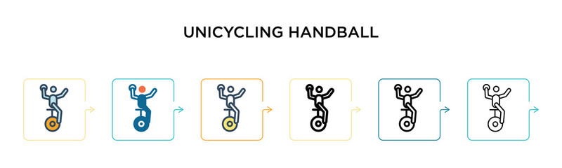 Unicycling handball vector icon in 6 different modern styles. Black, two colored unicycling handball icons designed in filled, outline, line and stroke style. Vector illustration can be used for web,